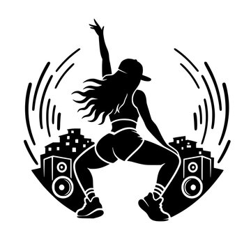 Black silhouette of a sexy woman dancing funk with speakers and favela cityscape background vector illustration isolated on white