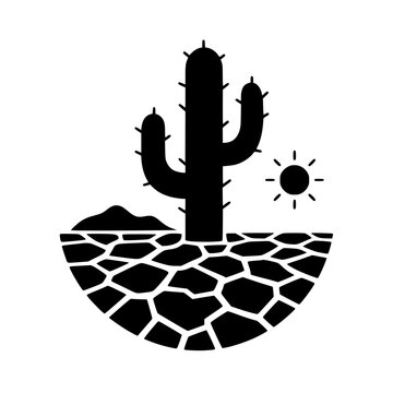 Minimalist black silhouette icon of a saguaro cactus in a dry desert landscape with cracked earth and sun