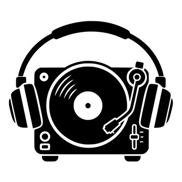 Minimalist black silhouette illustration of a vintage vinyl turntable with headphones for DJ music and audio production