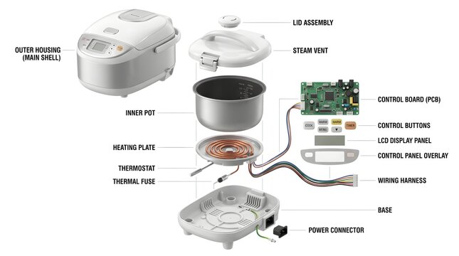 Exploded View of Electric Rice Cooker Internal Parts and Heating System Components