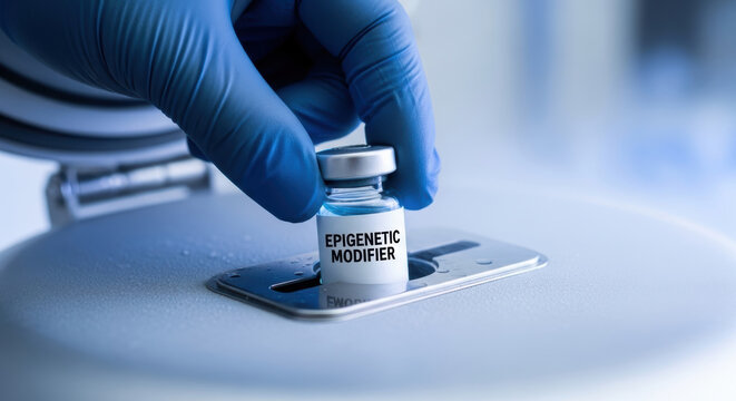 Biohacking longevity research epigenetic modifier vial in gloved hand with clinical laboratory background