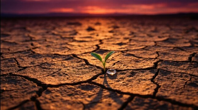 Green sprout growing from cracked earth at sunset.