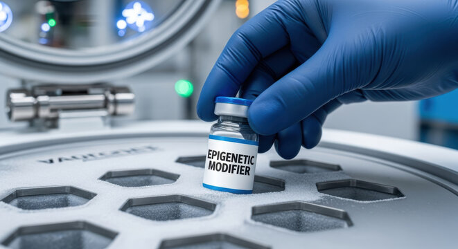 Biohacking longevity research epigenetic modifier vial in laboratory device with gloved hand