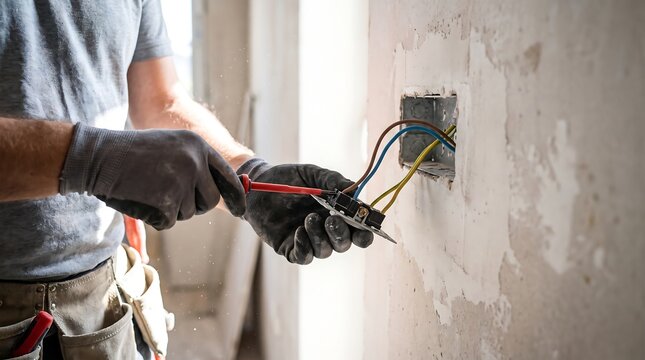 Electrician working on wall wiring for light switch installation using screwdriver and protective work gloves in residential renovation site with visible dust particles