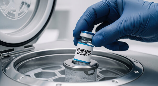 Biohacking longevity research vial in laboratory centrifuge with gloved hand and cold storage science concept