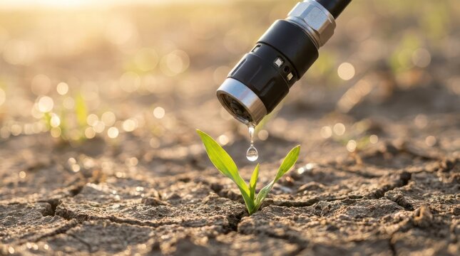 Watering small green sprout in cracked dry soil.