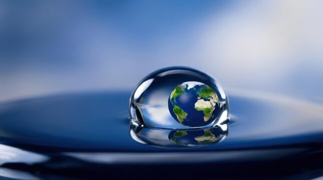 Earth reflection inside clear water drop on blue.
