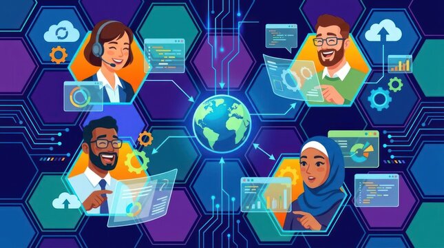 Flat vector of diverse team connected via global network.