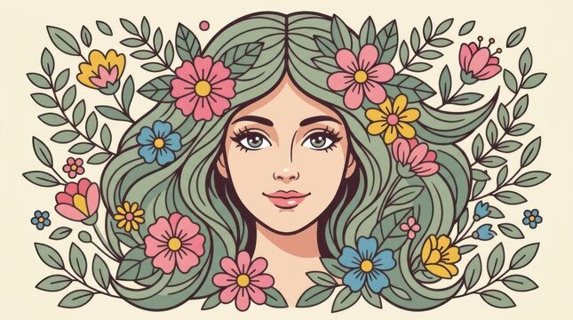 Floral portrait of woman with flowers in hair.