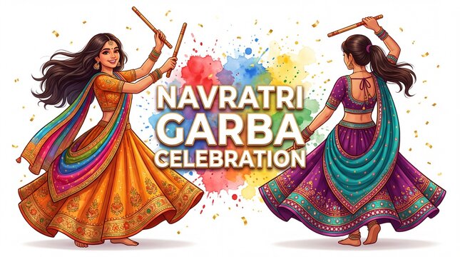 Navratri Garba Celebration Banner with Women Performing Traditional Dandiya Dance in Colorful Ethnic Costumes