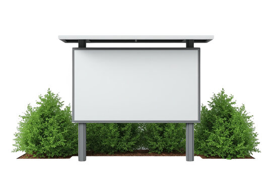 Blank outdoor billboard with green shrubs