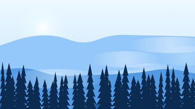 Pine forest landscape with blue mountain range background