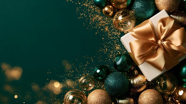 Luxury Christmas Gift Box with Gold Ribbon Surrounded by Green and Golden Ornaments, Elegant Holiday Background with Copy Space, Festive Celebration, Premium Gifting and Christmas Decor Concept