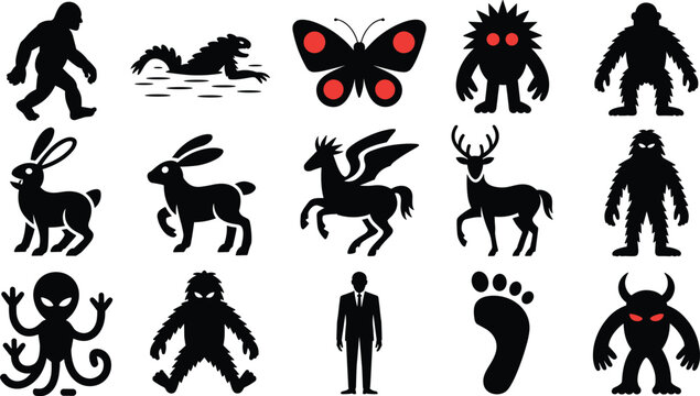 Cryptids and mythical monsters silhouette collection including bigfoot mothman pegasus alien jackalope footprint and demon icons