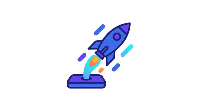 Colorful cartoon rocket launching from a blue base with dynamic energy trails