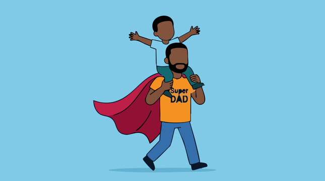 Happy Super Dad carrying son on shoulders, black family illustration