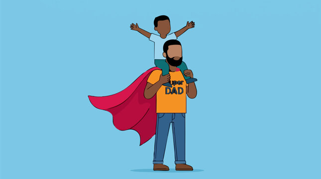 Super dad cartoon, Black father carrying child on shoulders, light blue background