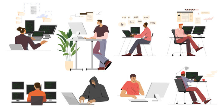 Set of programmers working at coding workspace, software developers and programming concept illustration