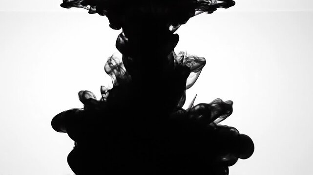 Abstract black ink swirling in clear water with white background artistic fluid motion