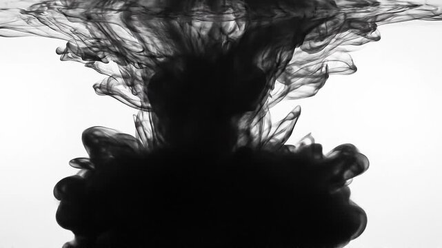 Black ink swirling in clear water creating abstract fluid shapes and patterns with high contrast