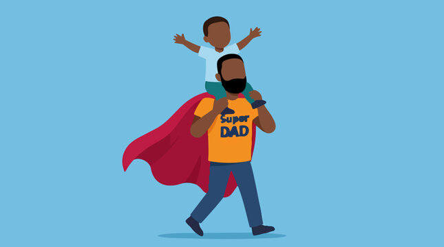 Happy African American father giving son a piggyback ride, Super Dad illustration
