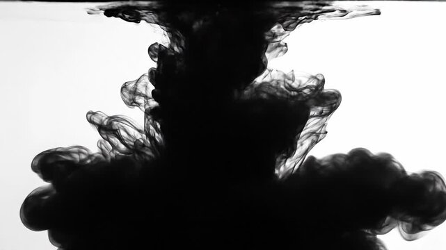 Black ink swirling in clear water creating abstract shapes and smoke like patterns in monochrome