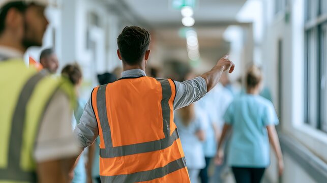Safety Officer Directing People During Emergency Evacuation Drill in Building Corridor, High Visibility Vest, Crowd Guidance, Workplace Safety, Emergency Response and Preparedness Concept