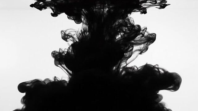 Abstract black ink swirling in water creating artistic fluid shapes and patterns on white background