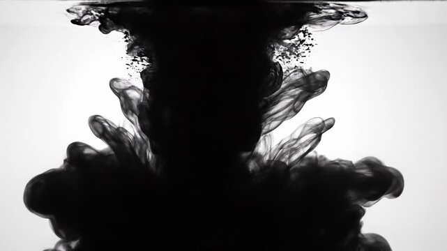 Black ink swirling in clear water creating abstract smoke-like patterns with dramatic contrast