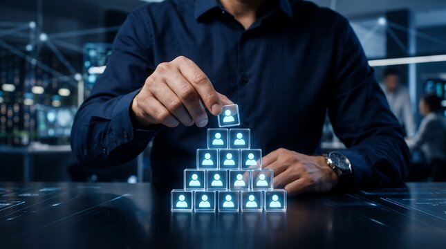 Professional placing glowing person icon on top of glass cube pyramid for organizational structure and human resource management strategy with digital circuit background