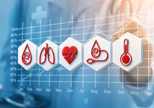AI generated medical infographic heart lungs blood pressure temperature health chart representing patient monitoring diagnosis healthcare data clinical analysis