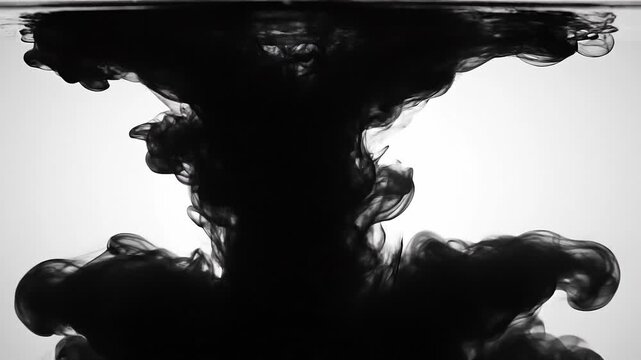 Black ink swirling in water creating abstract shapes and fluid motion on white background