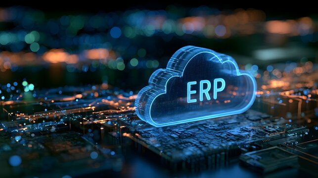 ERP Cloud Computing Technology on Digital Circuit Board, Enterprise Resource Planning Software, Business Automation, Data Management, Integrated Systems and Smart Corporate Technology Concept