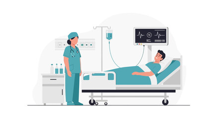 Fototapeta premium Nurse Caring for Patient in Hospital Bed with Monitor