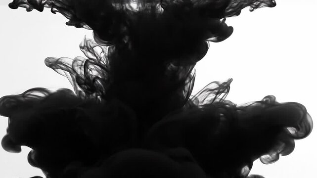 Black ink swirling in water creating abstract smoke shapes on white background