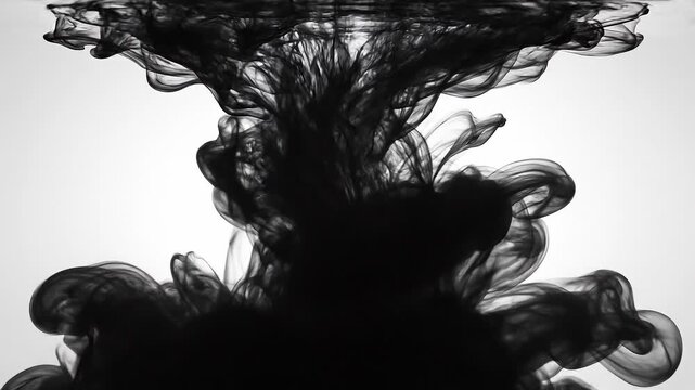 Black ink swirling in clear water with abstract smoke effect and fluid motion on white background