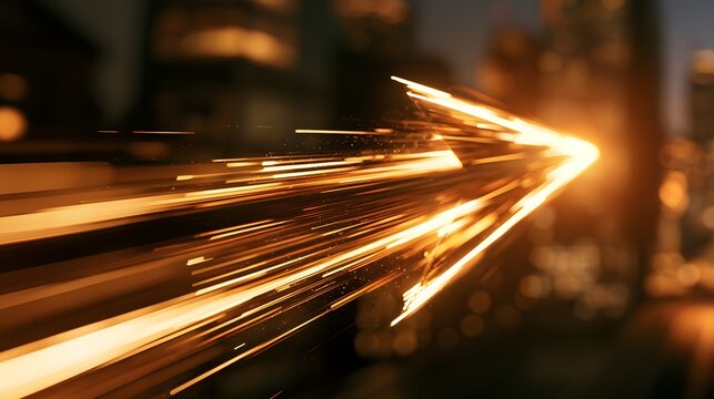 Glowing Golden Arrow Moving Forward with Speed and Light Trails, Dynamic Direction Symbol, Fast Progress, Business Growth, Momentum, Innovation, Success and Future Movement Concept