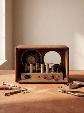 Vintage Antique Tube Radio Restoration on Workbench with Tools, Retro Wooden Radio Repair Concept, Internal Electronics Vacuum Tubes and Speaker, DIY Electronics Maintenance Hobby, Still Life.