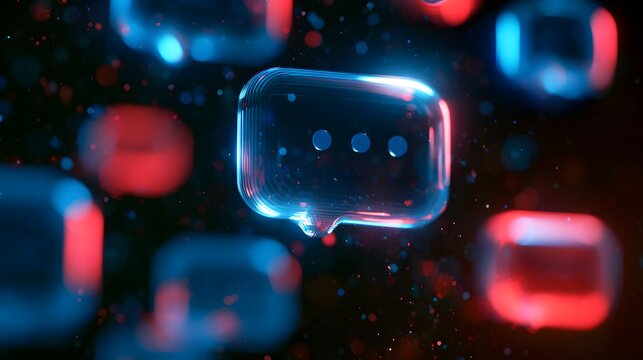 Futuristic AI Chatbot Robot Face Floating in Neon Digital Space, Glowing Blue and Red Virtual Assistant Icon, Artificial Intelligence, Machine Learning and Smart Technology Concept