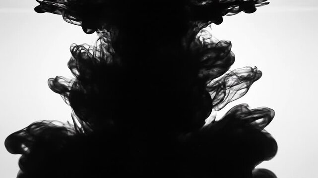 Abstract black ink swirling in water creating dark smoke effect on white background