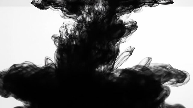 Black ink swirling in water creating abstract fluid shapes on white background