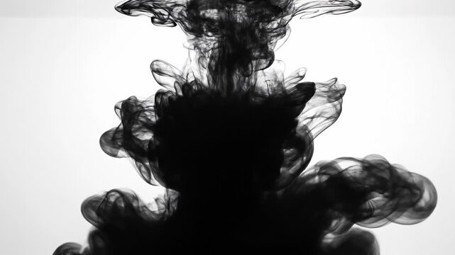 Abstract black ink swirling in water with soft flowing smoke-like shapes on white background