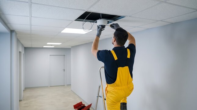 Technician in yellow overalls installing security surveillance camera on ceiling using step ladder in modern office hallway for building safety and monitoring systems maintenance work