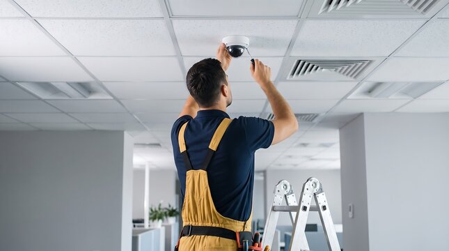 Professional technician in yellow uniform installing dome security camera on ceiling of modern office corridor for surveillance and building safety monitoring systems maintenance service