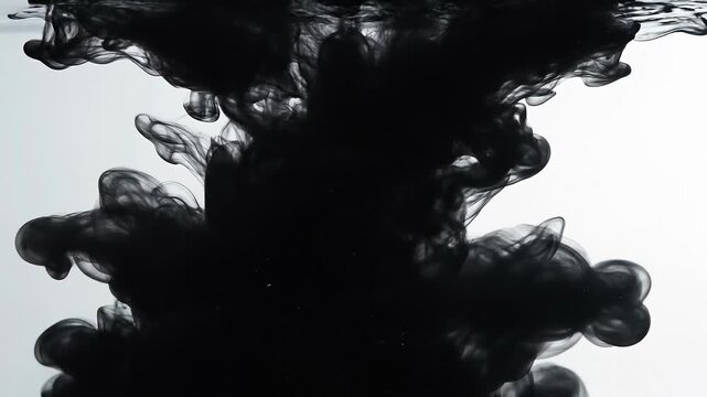 Abstract black ink swirling in clear water with smooth flowing shapes and soft lighting on white background