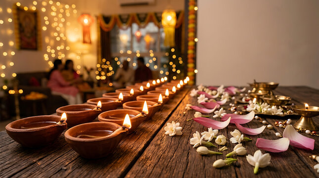 Diwali decor with row of lit clay diyas and flowers
