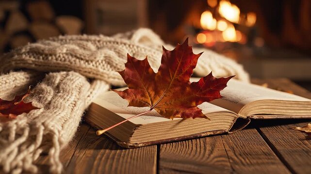 Cozy autumn scene with an open book and maple leaf
