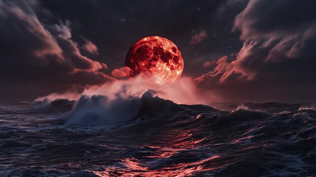 Dramatic Blood Moon Rising Over Stormy Ocean Waves at Night
