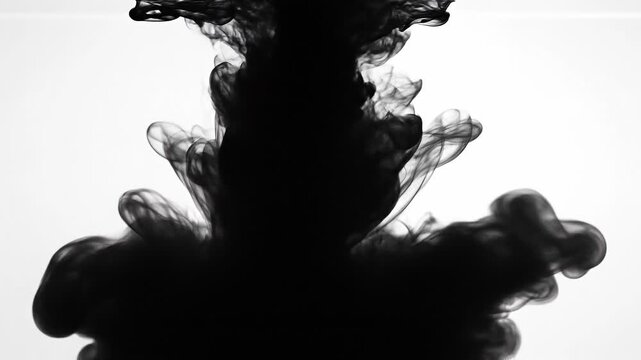Black ink swirling in water creating abstract smoke shapes and fluid mesmerizing patterns in monochrome