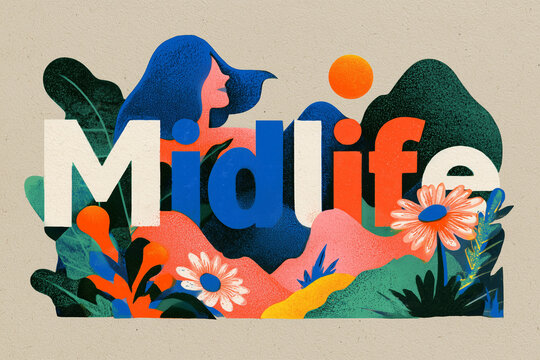 Midlife type, with woman and flowers with illustration, lithographic textured retro print of word on plain paper 